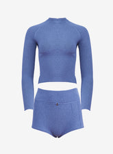 Cozy Knit Set Charcoal Blue Long Sleeve Top and Shorts