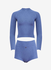 Cozy Knit Set Charcoal Blue Long Sleeve Top and Shorts