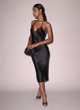 Silk T Strap Dress with Lace Plunge