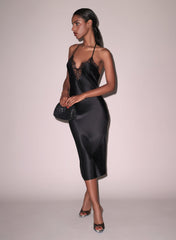 Silk T Strap Dress with Lace Plunge