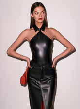 Leather Bodysuit Collared Shirt Tie Neckline