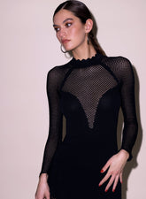 Scalloped Pointelle Knit Dress Soft Stretch Cotton Mock Neckline