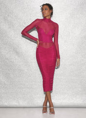 Flowy Ruched Midi Skirt Soft Stretch Mesh