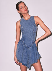 Flare Denim Mini Dress with Pleated Skirt