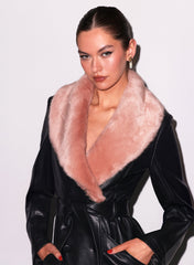 Vegan Leather Coat with Faux Fur Collar