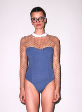 Sheer Collared Bodysuit with Dotted Tulle