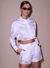 Cropped Cotton Poplin Shirt with Delicate Lace