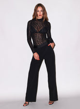 Flocked Leopard Bodysuit Stretch Mesh Mock Neck