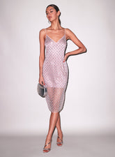 Embellished Midi Dress Silver Sequins Tulle Sheer