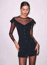 Off Shoulder Tailored Bodysuit with Sheer Mesh