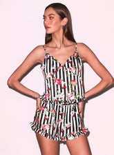 Ruffle Hem Silk Cami with Cherry Rose Print