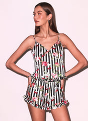 Ruffle Hem Silk Cami with Cherry Rose Print