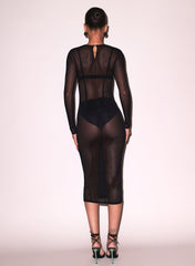 Sheer Mesh Midi Dress Long Sleeve Elegance