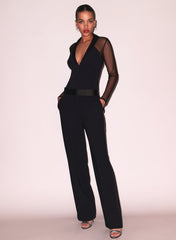 Tuxedo Bodysuit Plunge Neckline Silk Lapels