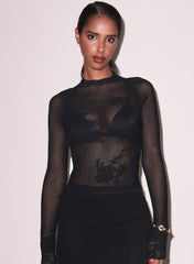 Lace Pointelle Long Sleeve Top Romantic Knit Mock Neck