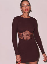 Lace Trimmed Ribbed Mini Dress