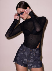 Scalloped Pointelle Knit Top with Mock Neck and Long Sleeves