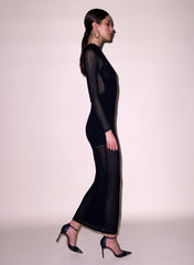 Scalloped Pointelle Knit Dress Soft Stretch Cotton Mock Neckline