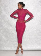 Flowy Ruched Midi Skirt Soft Stretch Mesh