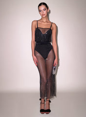 Sparkling Rhinestone Fishnet Maxi Skirt