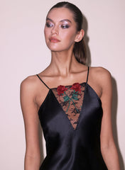 Vampire Rose Embroidery Slip Dress Luxe Silk Charmeuse Lace V Neckline