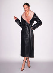 Vegan Leather Coat with Faux Fur Collar