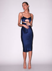 Silk Charmeuse Midi Dress with Lattice Cutouts