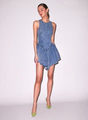 Flare Denim Mini Dress with Pleated Skirt