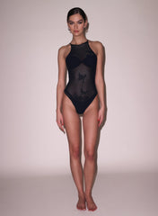 Lace Pointelle Racer Bodysuit Sheer Floral Details