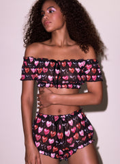 Ruched Mesh Crop Top with Heart Motif