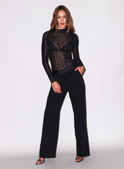 Flocked Leopard Bodysuit Stretch Mesh Mock Neck