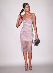 Embellished Midi Dress Silver Sequins Tulle Sheer