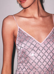 Embellished Midi Dress Silver Sequins Tulle Sheer