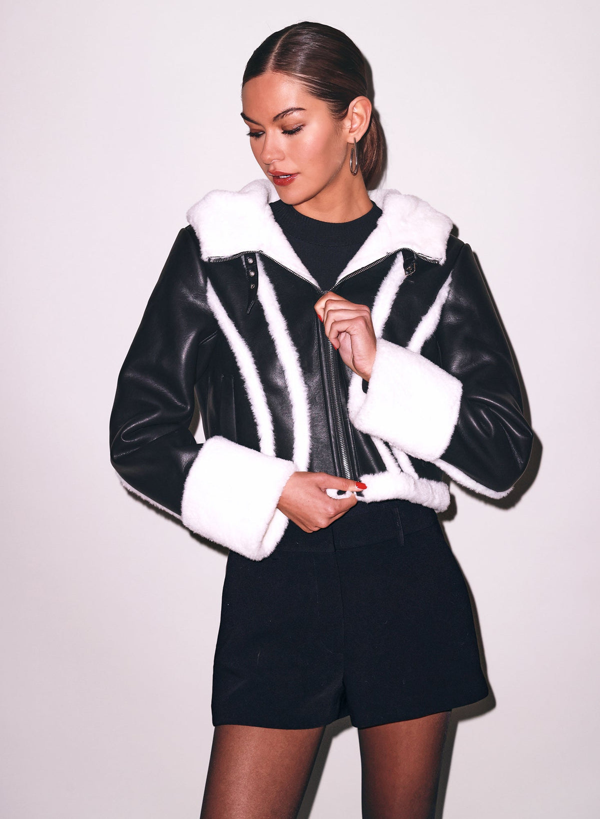 Cropped Vegan Shearling Jacket with Faux Fur Hood