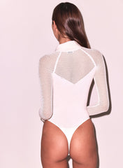 Knit Mesh Collared Bodysuit Romantic Lace Details