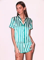 Silk Striped Pajama Shorts with Piped Trim
