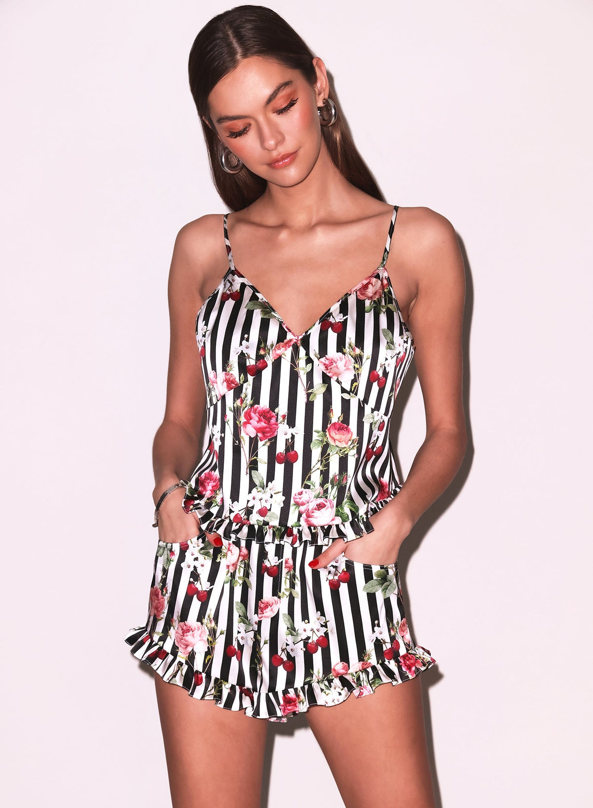 Cherry Rose Ruffle Shorts Romantic Silk