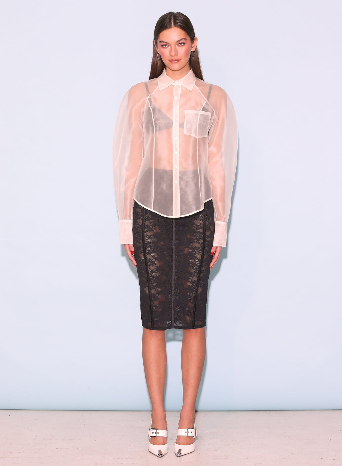 Sheer Silk Organza Top Puff Sleeve Button Down