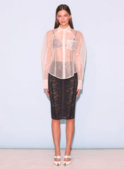 Sheer Silk Organza Top Puff Sleeve Button Down