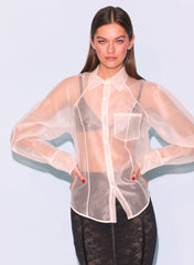 Sheer Silk Organza Top Puff Sleeve Button Down