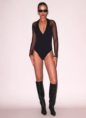 Tuxedo Bodysuit Plunge Neckline Silk Lapels