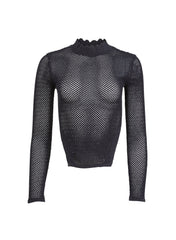 Scalloped Pointelle Knit Top with Mock Neck and Long Sleeves